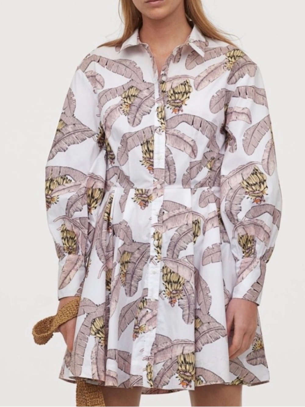 White Long-Sleeve Banana Print Shirt Dress